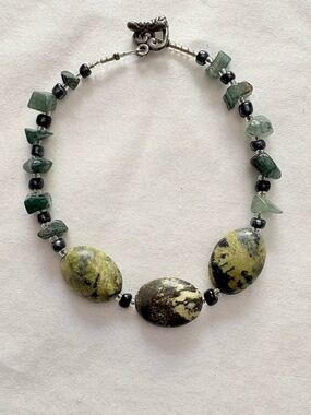 Natural Stone Jasper Bracelet Green Black Beaded Toggle Clasp Bracelet